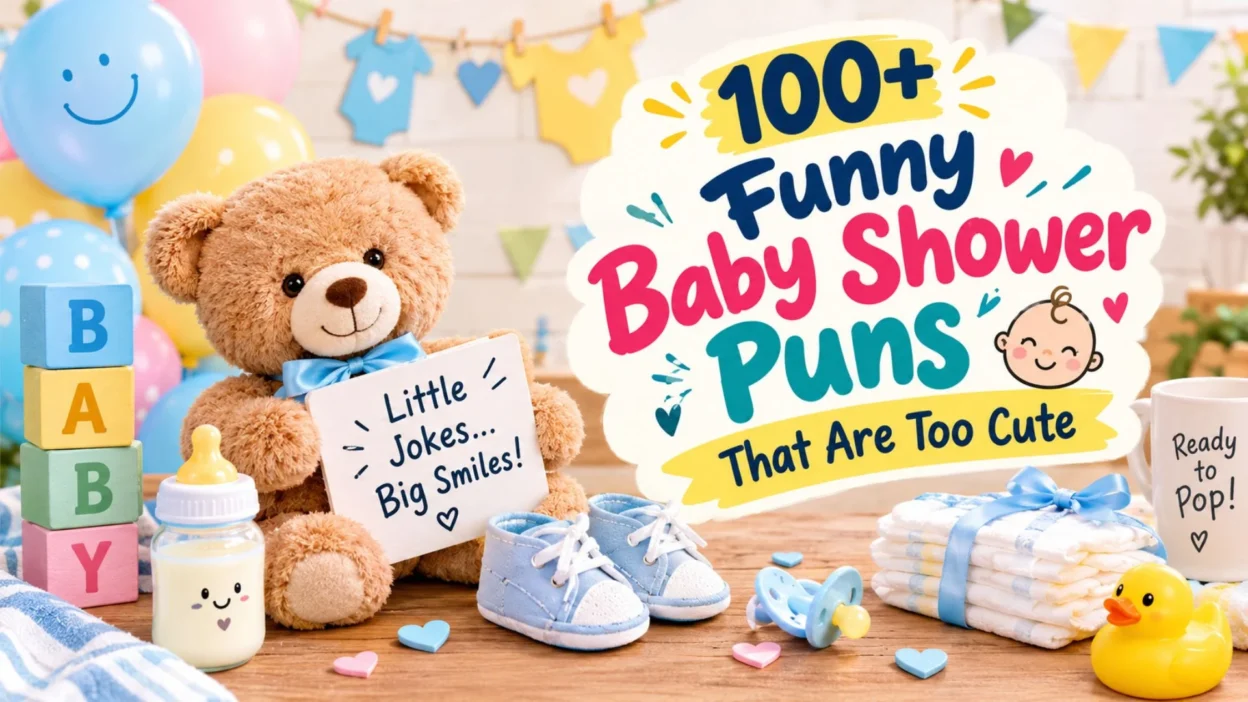 100+ funny baby shower puns with cute teddy bears, baby blocks, balloons, baby shoes, and pastel decorations.