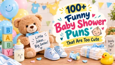 100+ funny baby shower puns with cute teddy bears, baby blocks, balloons, baby shoes, and pastel decorations.