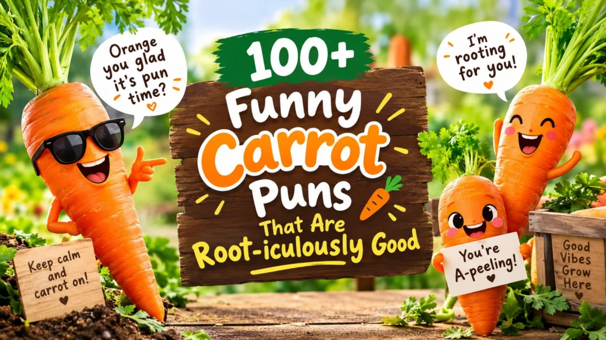 Funny carrot puns featuring cheerful cartoon carrots with playful expressions and humorous vegetable signs.