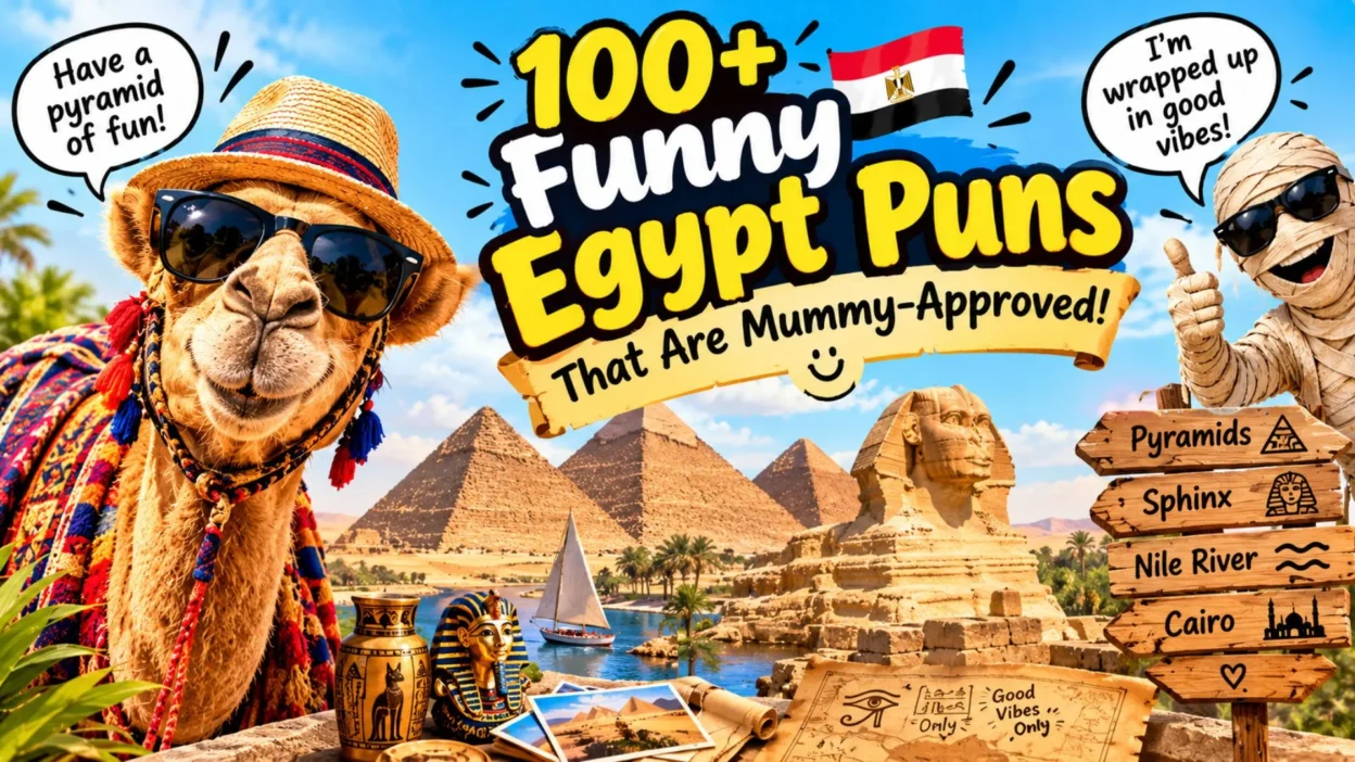 Funny Egypt puns featuring a smiling camel wearing sunglasses, a cheerful mummy, the Great Pyramids, and the Sphinx in a colorful Egyptian travel scene