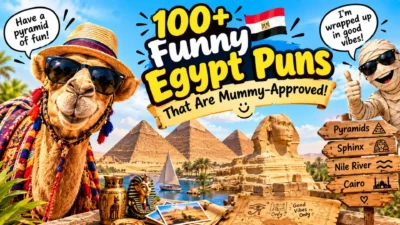Funny Egypt puns featuring a smiling camel wearing sunglasses, a cheerful mummy, the Great Pyramids, and the Sphinx in a colorful Egyptian travel scene