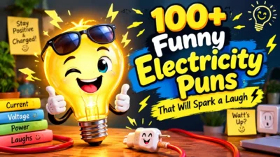 Funny electricity puns featuring a smiling cartoon light bulb with sunglasses, electrical sparks, and playful jokes.