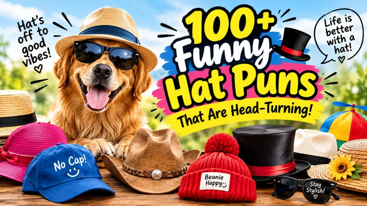 Funny hat puns featuring a cute golden retriever wearing sunglasses and a straw hat, surrounded by colorful hats and playful captions.