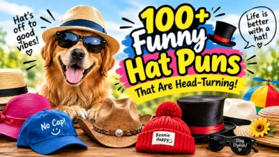 Funny hat puns featuring a cute golden retriever wearing sunglasses and a straw hat, surrounded by colorful hats and playful captions.