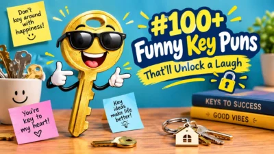 Funny key puns featuring a smiling golden key mascot, colorful keys, and a padlock 🔑😂