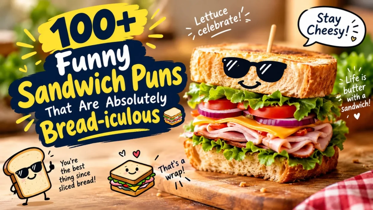 100+ funny sandwich puns featuring a delicious stacked sandwich with playful bread and cheese humor.