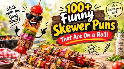 Funny skewer puns with colorful grilled kebabs, vegetables, and a cheerful BBQ-themed cartoon character.