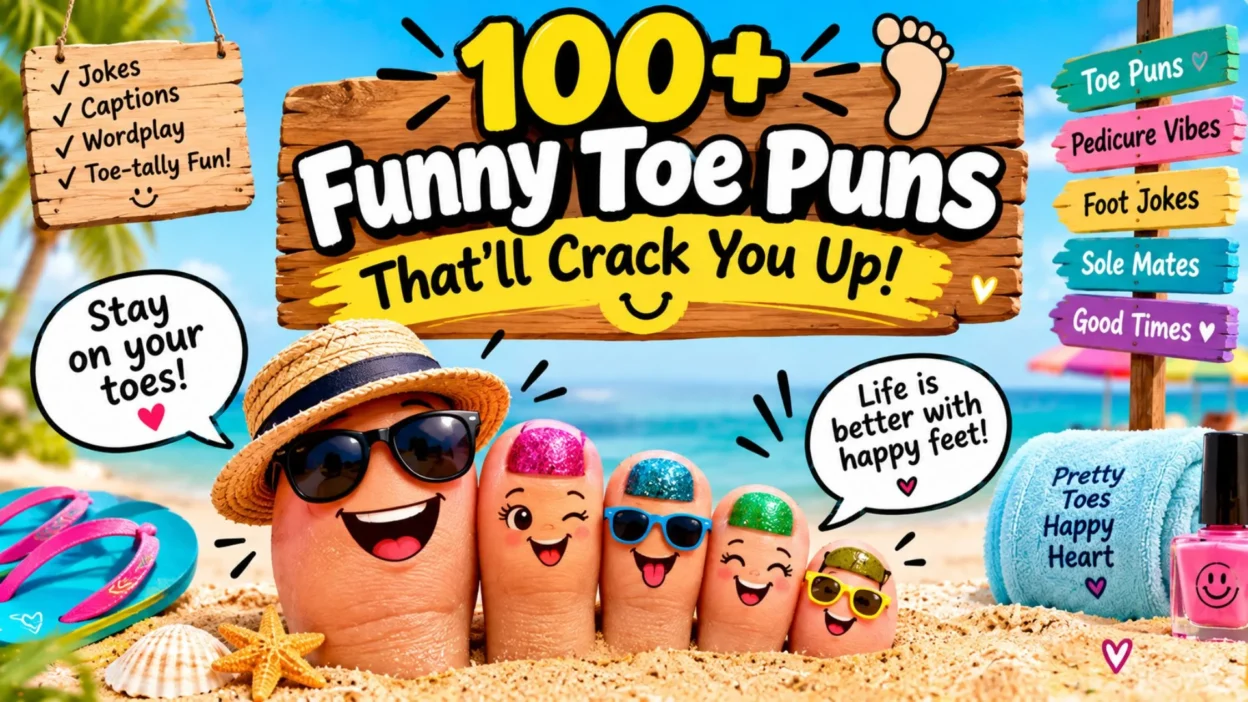 Funny toe puns featuring five cute cartoon toes wearing sunglasses and colorful nail polish on a sunny beach, with playful foot-themed decorations.