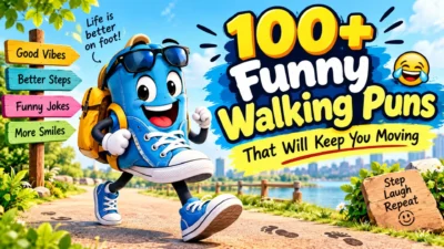 Funny walking puns with a cheerful cartoon sneaker walking along a colorful trail.