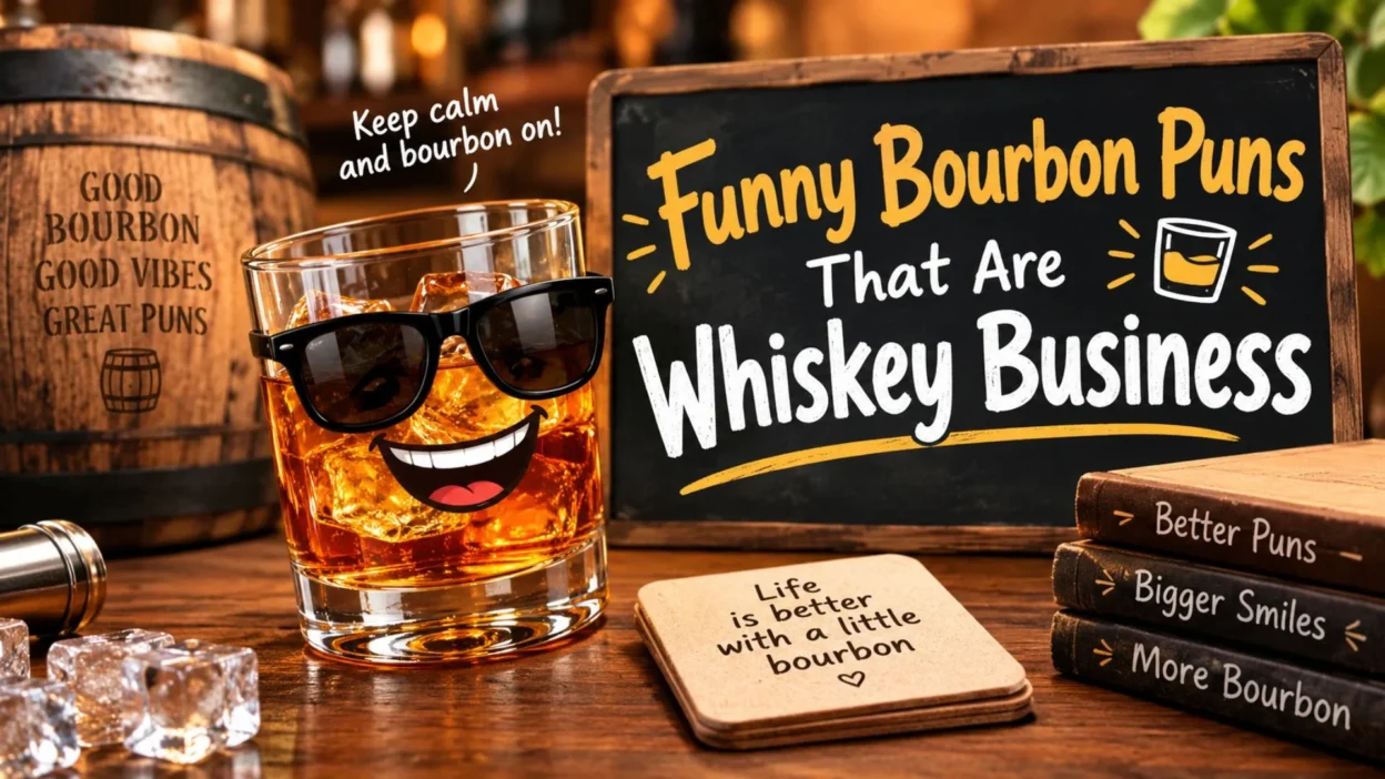 Funny bourbon puns and whiskey jokes featuring a smiling bourbon glass, an oak barrel, and a rustic chalkboard.