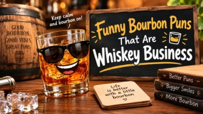 Funny bourbon puns and whiskey jokes featuring a smiling bourbon glass, an oak barrel, and a rustic chalkboard.