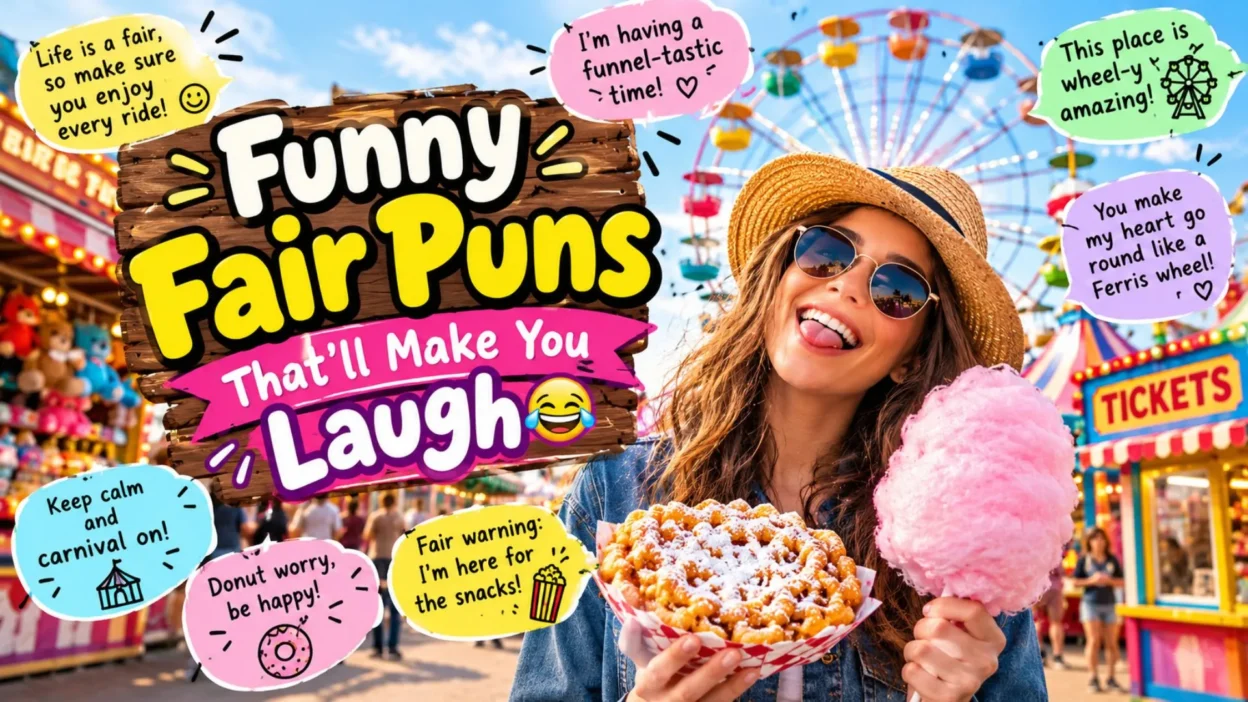 Funny fair puns featuring a colorful carnival, Ferris wheel, cotton candy, and hilarious fairground jokes.