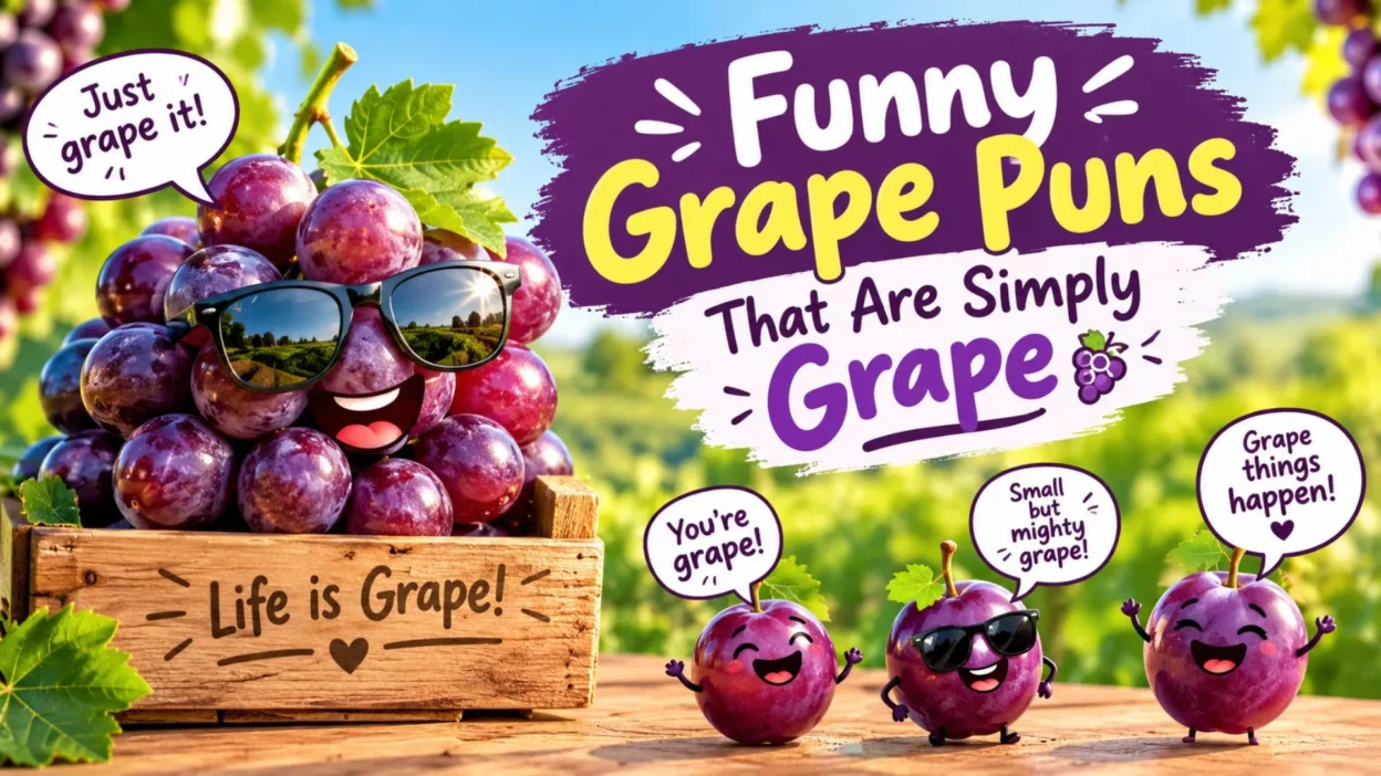 Funny grape puns featuring smiling purple grapes in sunglasses with playful grape jokes in a sunny vineyard.