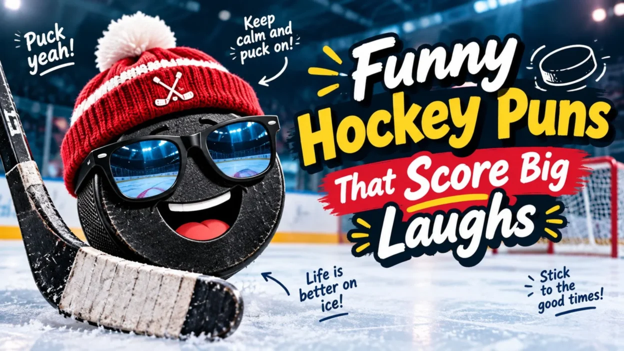 Funny hockey puns that score big laughs featuring a smiling hockey puck, hockey stick, and ice rink.