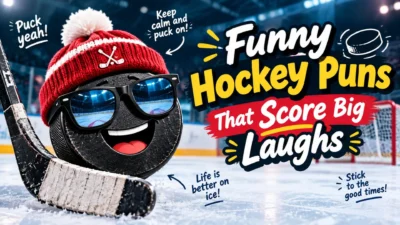 Funny hockey puns that score big laughs featuring a smiling hockey puck, hockey stick, and ice rink.