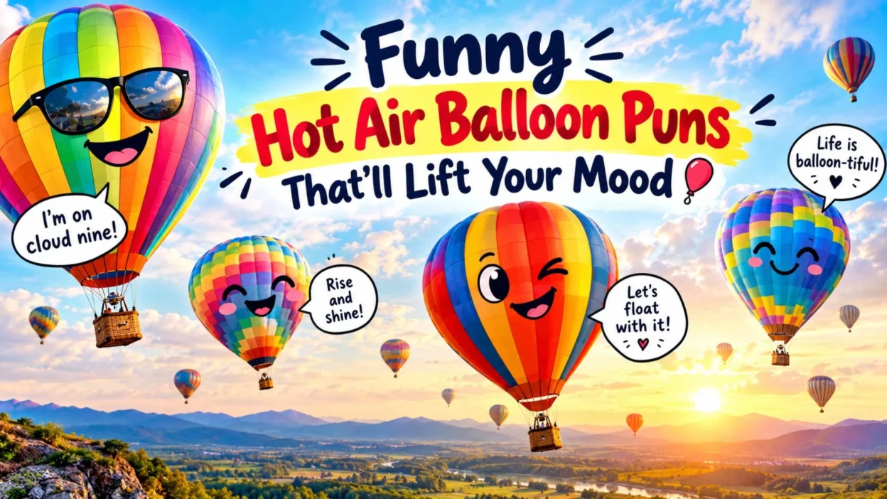 : Funny hot air balloon puns that’ll lift your mood, featuring colorful hot air balloons floating across a beautiful sky.