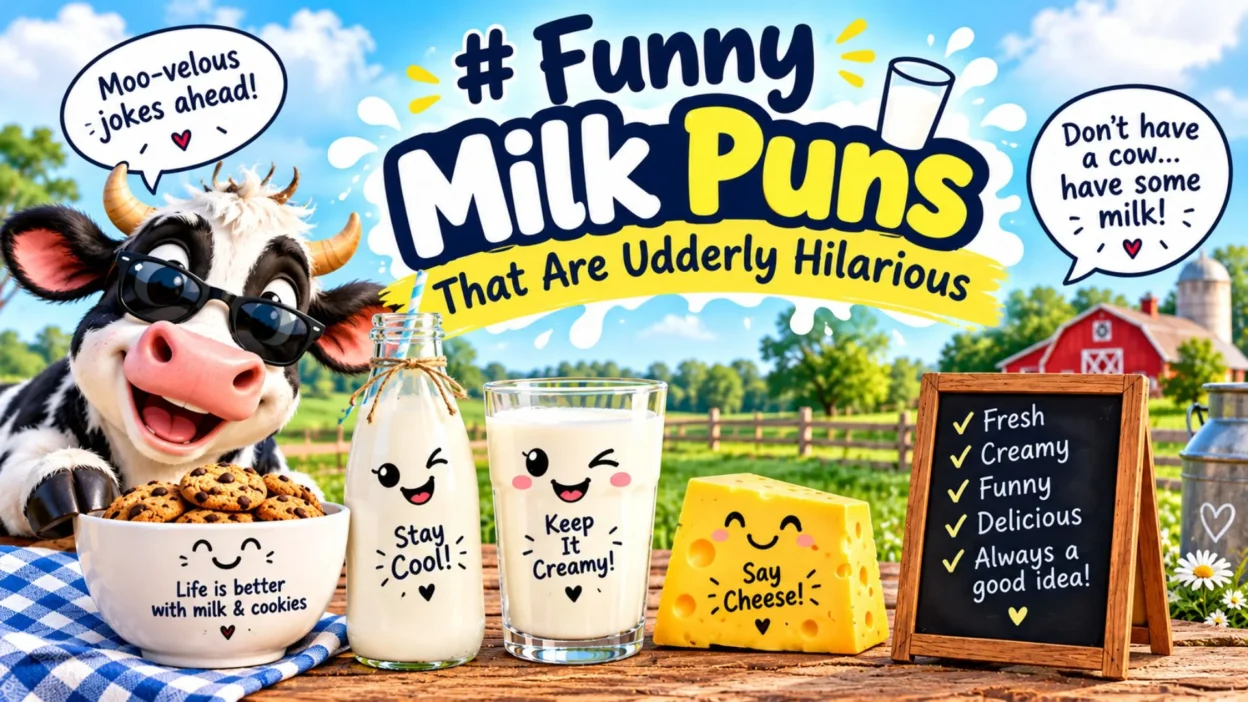 Funny milk puns that are udderly hilarious, featuring a smiling cow, milk bottles, cookies, and playful dairy jokes.