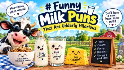 Funny milk puns that are udderly hilarious, featuring a smiling cow, milk bottles, cookies, and playful dairy jokes.