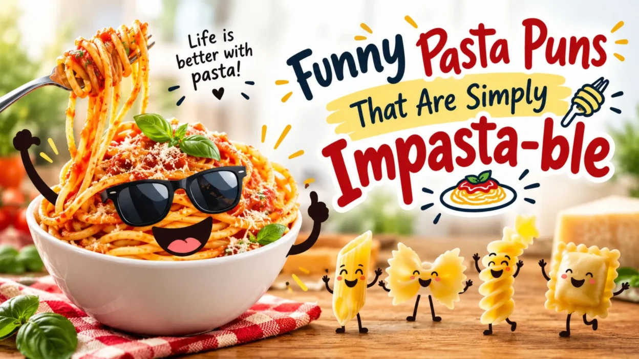 Funny pasta puns with a smiling spaghetti bowl, cute pasta characters, and the phrase Simply Impasta-ble