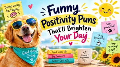 Funny positivity puns with a smiling golden retriever, sunshine, and cheerful good vibes messages.
