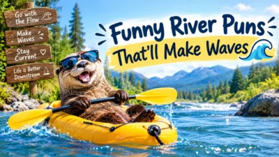 Funny river puns featuring a smiling otter kayaking on a river with the text “Funny River Puns That’ll Make Waves.”