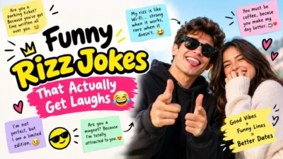 Funny rizz jokes with a smiling couple and hilarious flirty pickup lines.