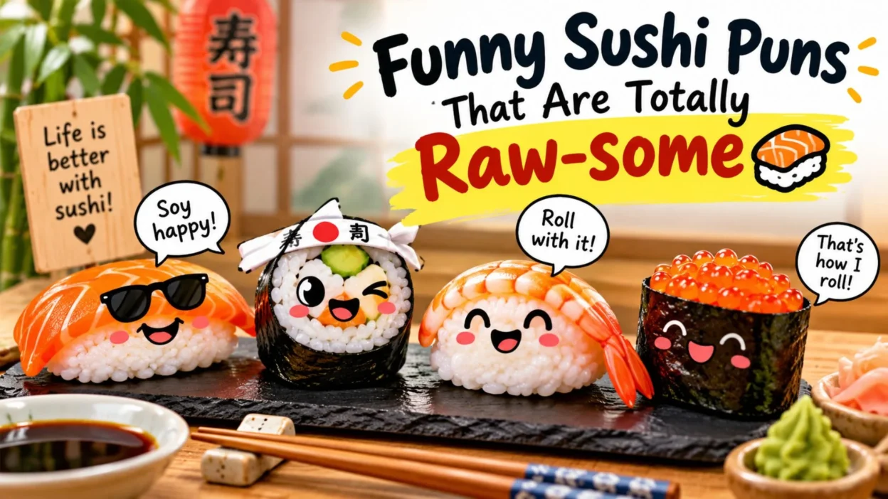 Funny sushi puns that are totally raw-some featuring cute smiling sushi characters.