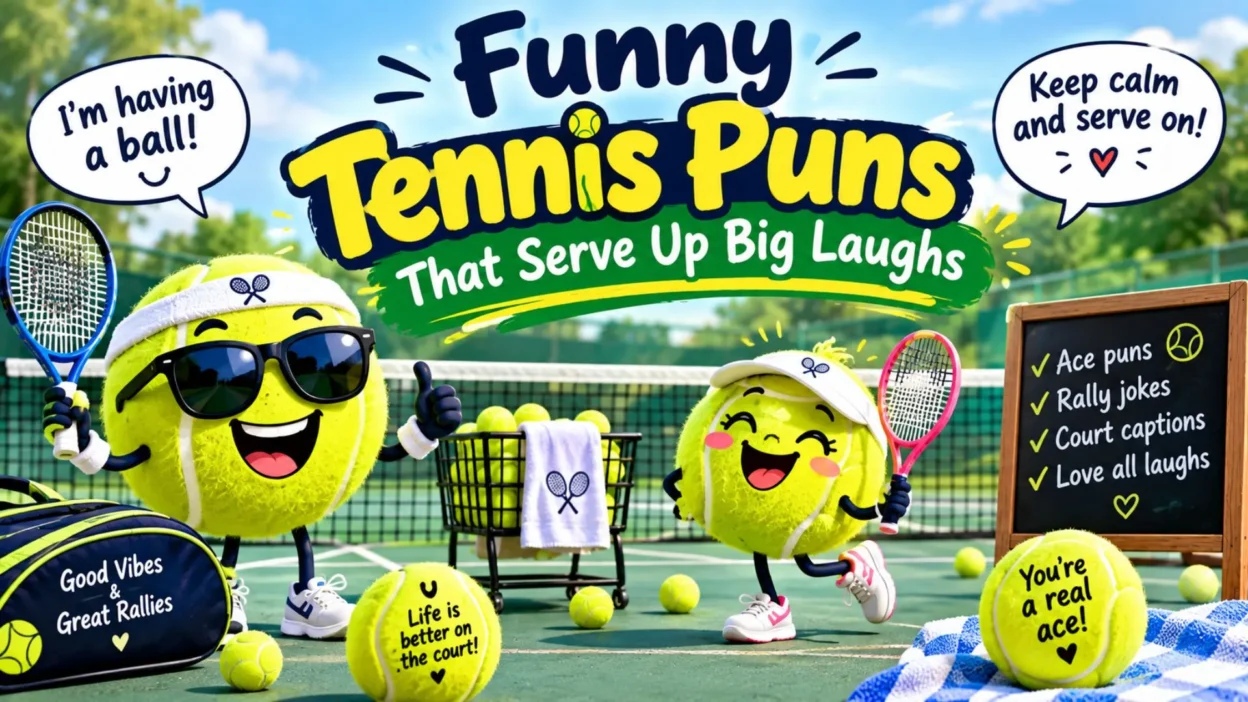 Funny tennis puns that serve up big laughs, featuring smiling tennis balls, rackets, and a colorful tennis court.
